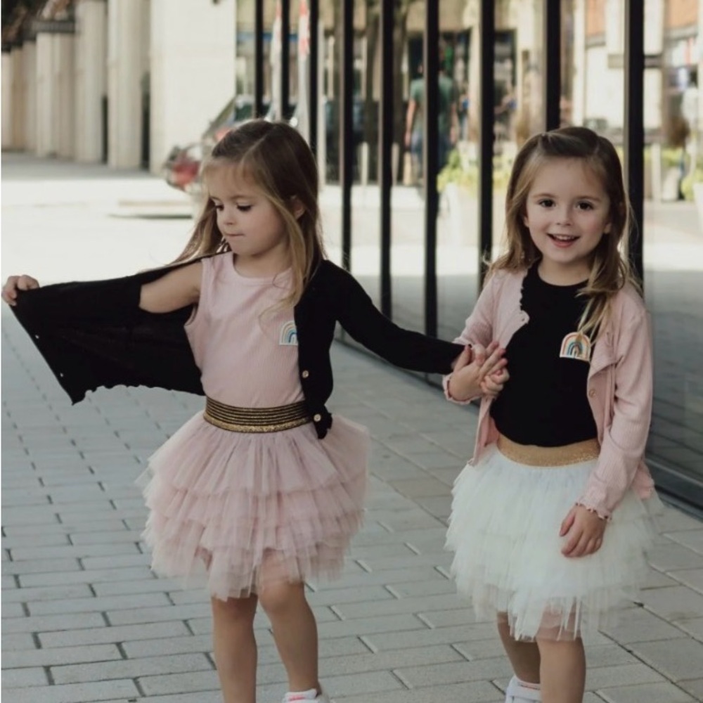 Girls Pink Layered Tulle Skirt with Gold Trim Waistband - Picture 2 of 11